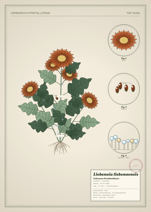 Botanische Tafel: Liebenaia liebenaensis, eine erfundene Pflanze aus Liebenau, gezeichnet wie in einem alten Pflanzenatlas