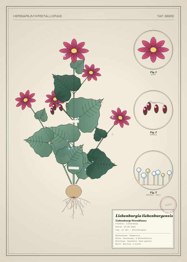 Botanische Tafel: Liebenburgia liebenburgensis, eine erfundene Pflanze aus Liebenburg, gezeichnet wie in einem alten Pflanzenatlas