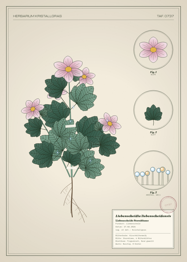 Botanische Tafel: Liebenscheidia liebenscheidensis, eine erfundene Pflanze aus Liebenscheid, gezeichnet wie in einem alten Pflanzenatlas