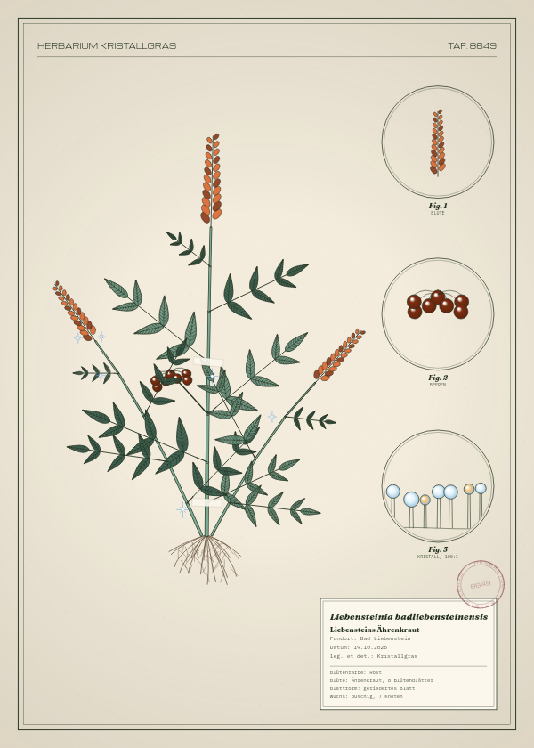 Botanische Tafel: Liebensteinia badliebensteinensis, eine erfundene Pflanze aus Bad Liebenstein, gezeichnet wie in einem alten Pflanzenatlas