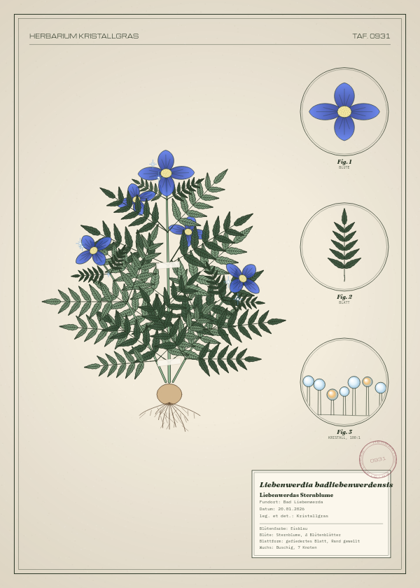 Botanische Tafel: Liebenwerdia badliebenwerdensis, eine erfundene Pflanze aus Bad Liebenwerda, gezeichnet wie in einem alten Pflanzenatlas