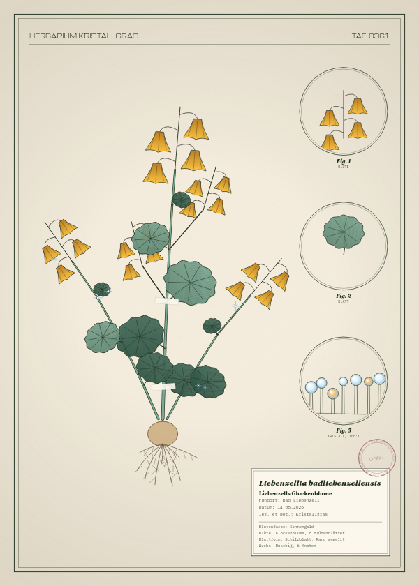 Botanische Tafel: Liebenzellia badliebenzellensis, eine erfundene Pflanze aus Bad Liebenzell, gezeichnet wie in einem alten Pflanzenatlas