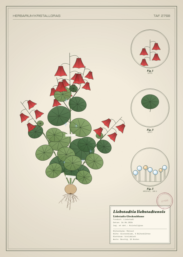 Botanische Tafel: Liebstadtia liebstadtensis, eine erfundene Pflanze aus Liebstadt, gezeichnet wie in einem alten Pflanzenatlas