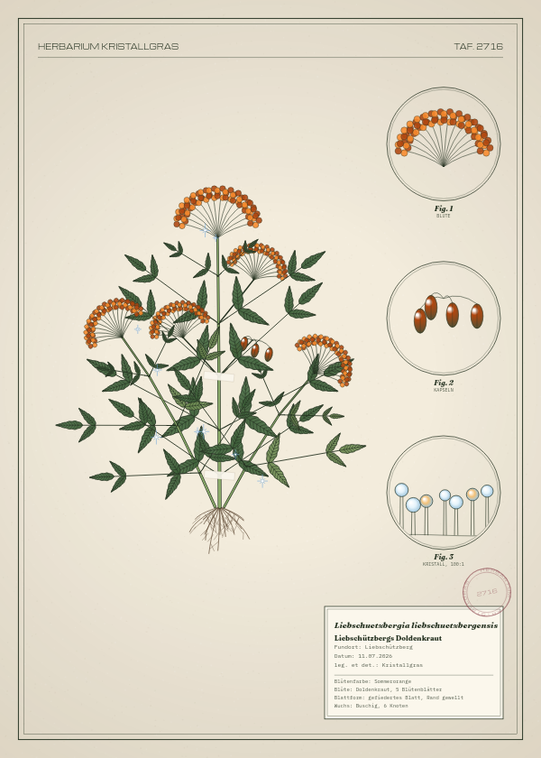 Botanische Tafel: Liebschuetzbergia liebschuetzbergensis, eine erfundene Pflanze aus Liebschützberg, gezeichnet wie in einem alten Pflanzenatlas