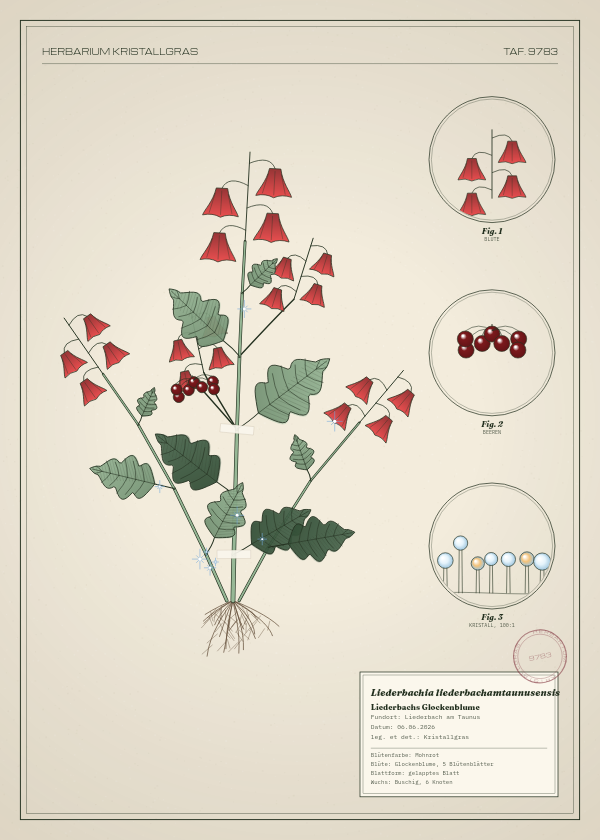 Botanische Tafel: Liederbachia liederbachamtaunusensis, eine erfundene Pflanze aus Liederbach am Taunus, gezeichnet wie in einem alten Pflanzenatlas