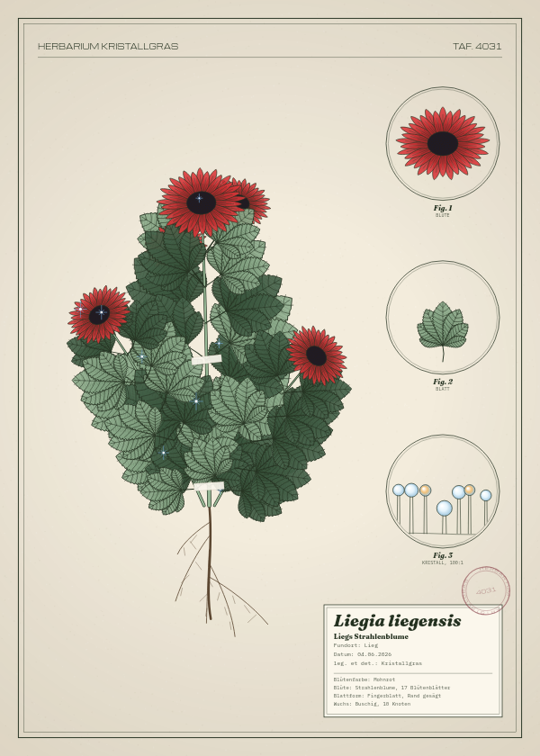 Botanische Tafel: Liegia liegensis, eine erfundene Pflanze aus Lieg, gezeichnet wie in einem alten Pflanzenatlas