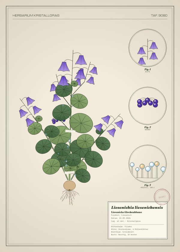 Botanische Tafel: Liesenichia liesenichensis, eine erfundene Pflanze aus Liesenich, gezeichnet wie in einem alten Pflanzenatlas
