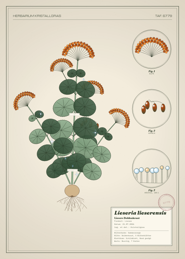 Botanische Tafel: Lieseria lieserensis, eine erfundene Pflanze aus Lieser, gezeichnet wie in einem alten Pflanzenatlas