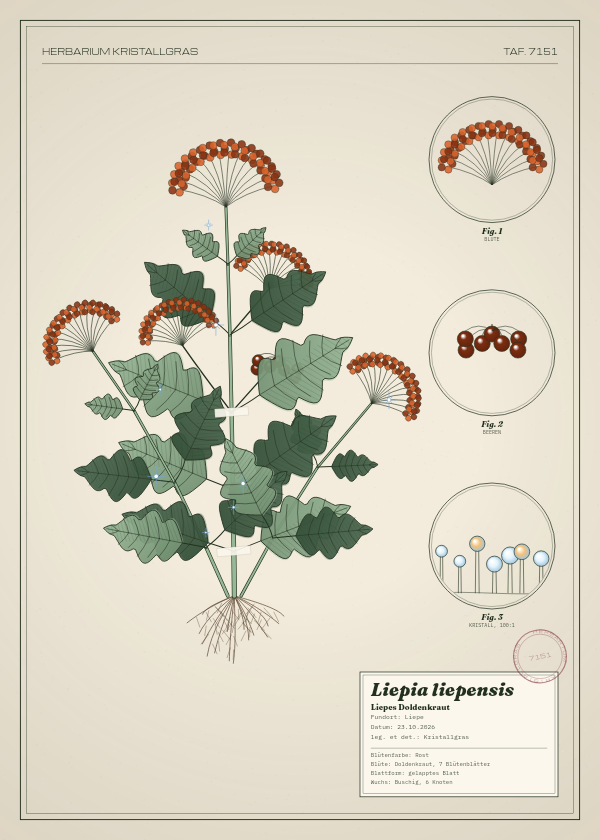 Botanische Tafel: Liepia liepensis, eine erfundene Pflanze aus Liepe, gezeichnet wie in einem alten Pflanzenatlas
