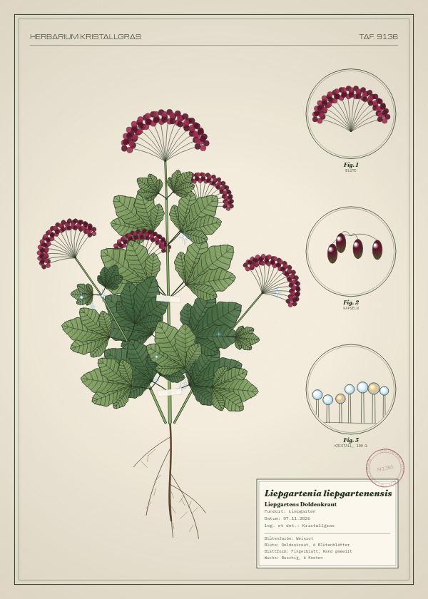 Botanische Tafel: Liepgartenia liepgartenensis, eine erfundene Pflanze aus Liepgarten, gezeichnet wie in einem alten Pflanzenatlas