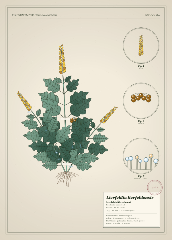 Botanische Tafel: Lierfeldia lierfeldensis, eine erfundene Pflanze aus Lierfeld, gezeichnet wie in einem alten Pflanzenatlas