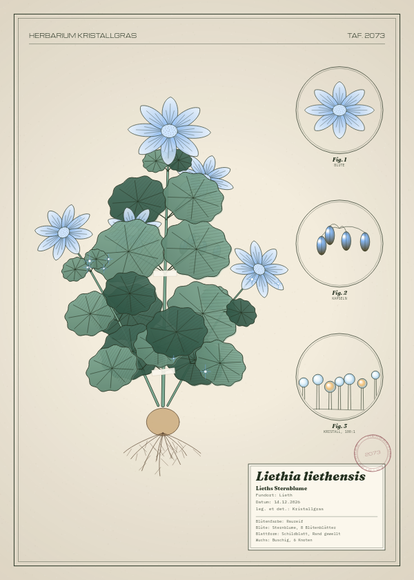 Botanische Tafel: Liethia liethensis, eine erfundene Pflanze aus Lieth, gezeichnet wie in einem alten Pflanzenatlas
