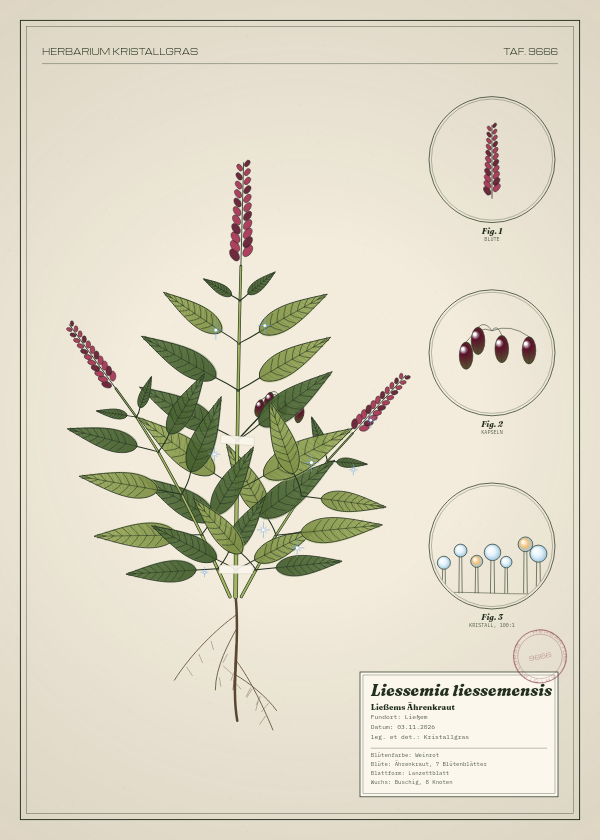 Botanische Tafel: Liessemia liessemensis, eine erfundene Pflanze aus Ließem, gezeichnet wie in einem alten Pflanzenatlas