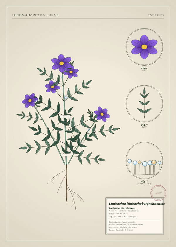 Botanische Tafel: Limbachia limbachoberfrohnensis, eine erfundene Pflanze aus Limbach-Oberfrohna, gezeichnet wie in einem alten Pflanzenatlas