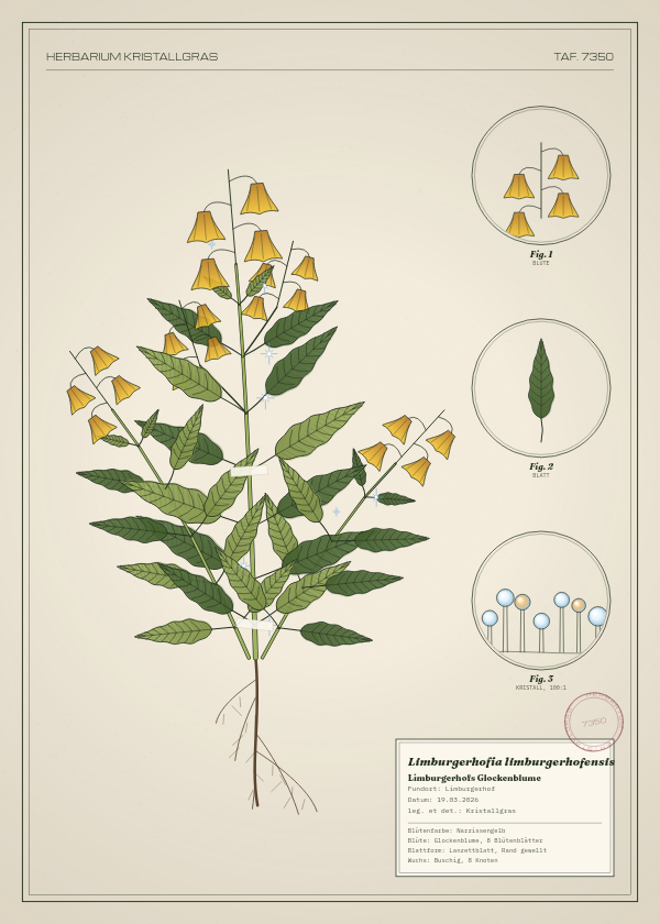 Botanische Tafel: Limburgerhofia limburgerhofensis, eine erfundene Pflanze aus Limburgerhof, gezeichnet wie in einem alten Pflanzenatlas