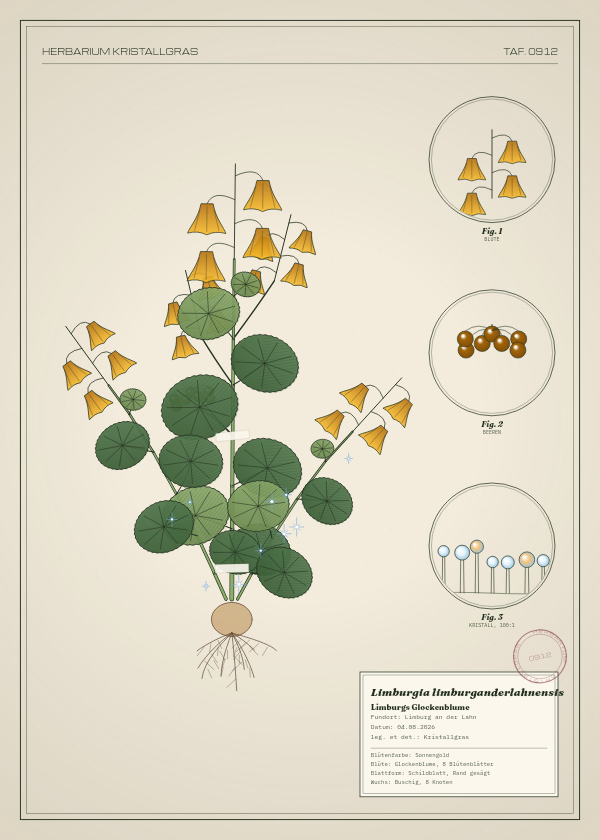 Botanische Tafel: Limburgia limburganderlahnensis, eine erfundene Pflanze aus Limburg an der Lahn, gezeichnet wie in einem alten Pflanzenatlas