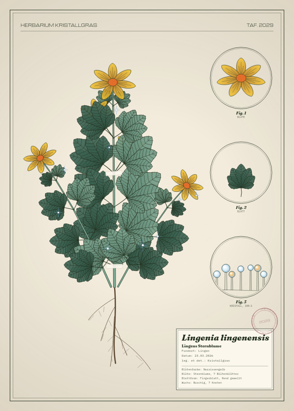 Botanische Tafel: Lingenia lingenensis, eine erfundene Pflanze aus Lingen, gezeichnet wie in einem alten Pflanzenatlas
