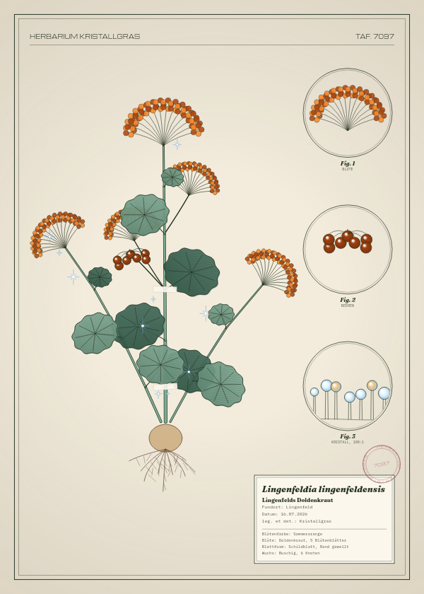 Botanische Tafel: Lingenfeldia lingenfeldensis, eine erfundene Pflanze aus Lingenfeld, gezeichnet wie in einem alten Pflanzenatlas