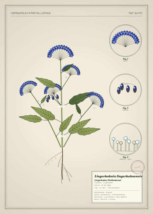 Botanische Tafel: Lingerhahnia lingerhahnensis, eine erfundene Pflanze aus Lingerhahn, gezeichnet wie in einem alten Pflanzenatlas