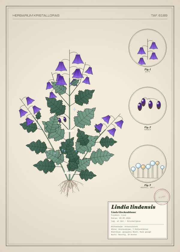 Botanische Tafel: Lindia lindensis, eine erfundene Pflanze aus Lind, gezeichnet wie in einem alten Pflanzenatlas