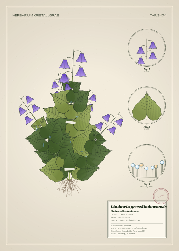 Botanische Tafel: Lindowia grosslindowensis, eine erfundene Pflanze aus Groß Lindow, gezeichnet wie in einem alten Pflanzenatlas