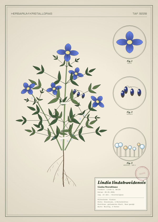 Botanische Tafel: Lindia lindabweidensis, eine erfundene Pflanze aus Linda b. Weida, gezeichnet wie in einem alten Pflanzenatlas