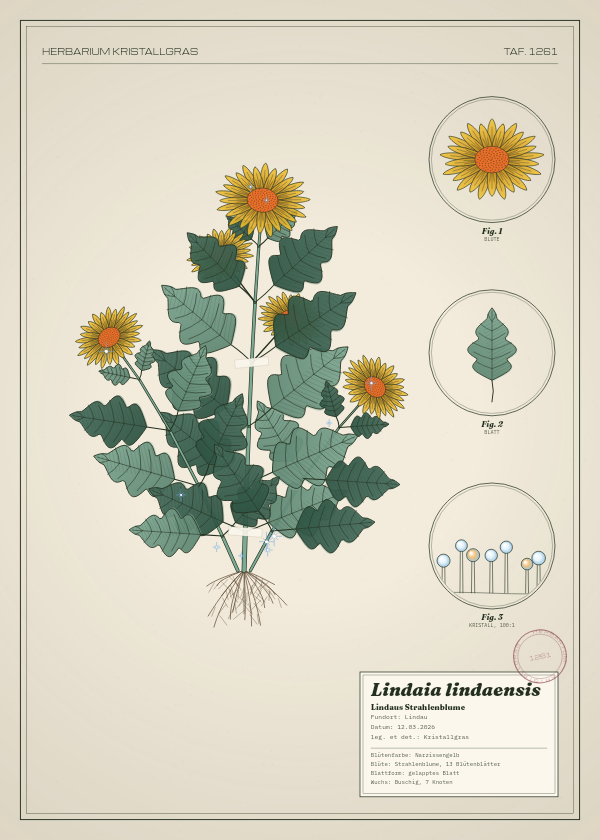 Botanische Tafel: Lindaia lindaensis, eine erfundene Pflanze aus Lindau, gezeichnet wie in einem alten Pflanzenatlas
