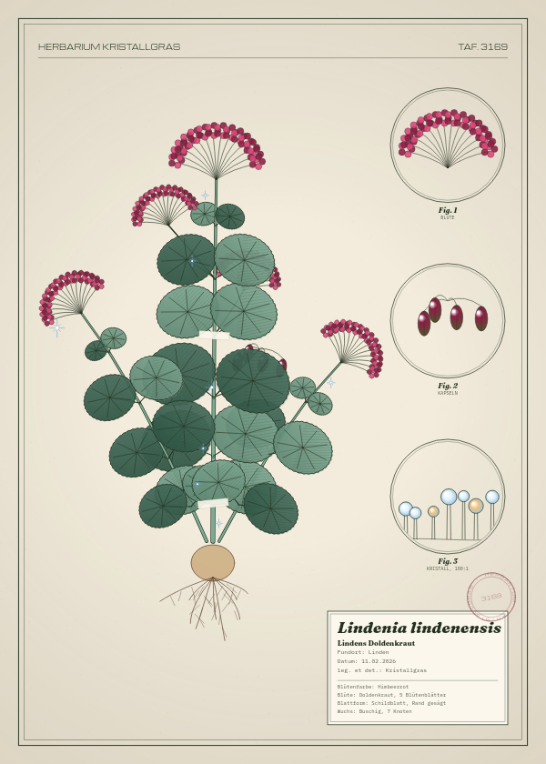 Botanische Tafel: Lindenia lindenensis, eine erfundene Pflanze aus Linden, gezeichnet wie in einem alten Pflanzenatlas