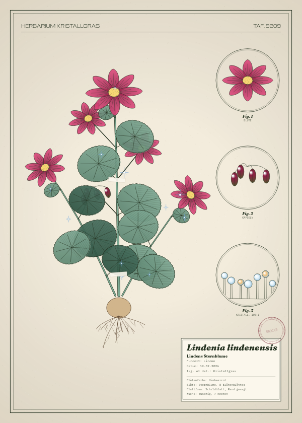 Botanische Tafel: Lindenia lindenensis, eine erfundene Pflanze aus Linden, gezeichnet wie in einem alten Pflanzenatlas