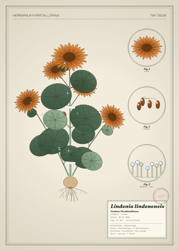 Botanische Tafel: Lindenia lindenensis, eine erfundene Pflanze aus Linden, gezeichnet wie in einem alten Pflanzenatlas