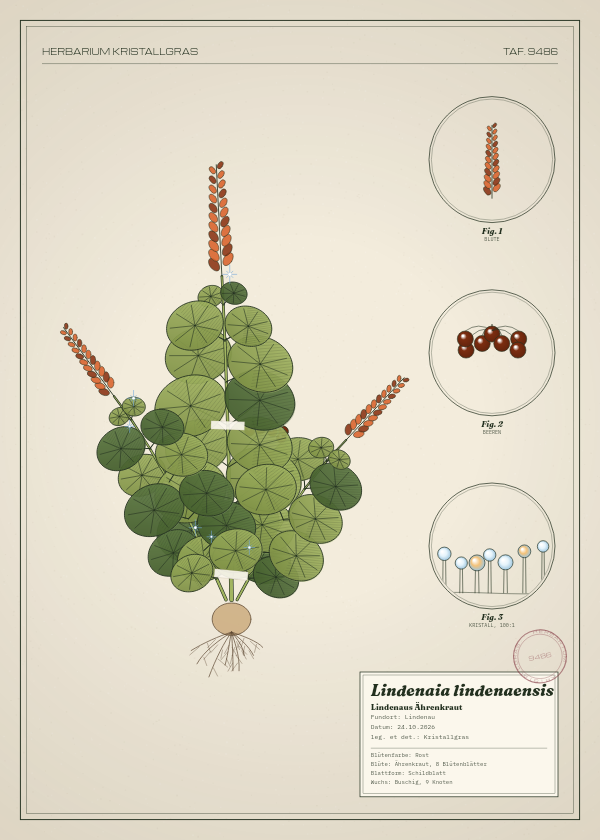 Botanische Tafel: Lindenaia lindenaensis, eine erfundene Pflanze aus Lindenau, gezeichnet wie in einem alten Pflanzenatlas