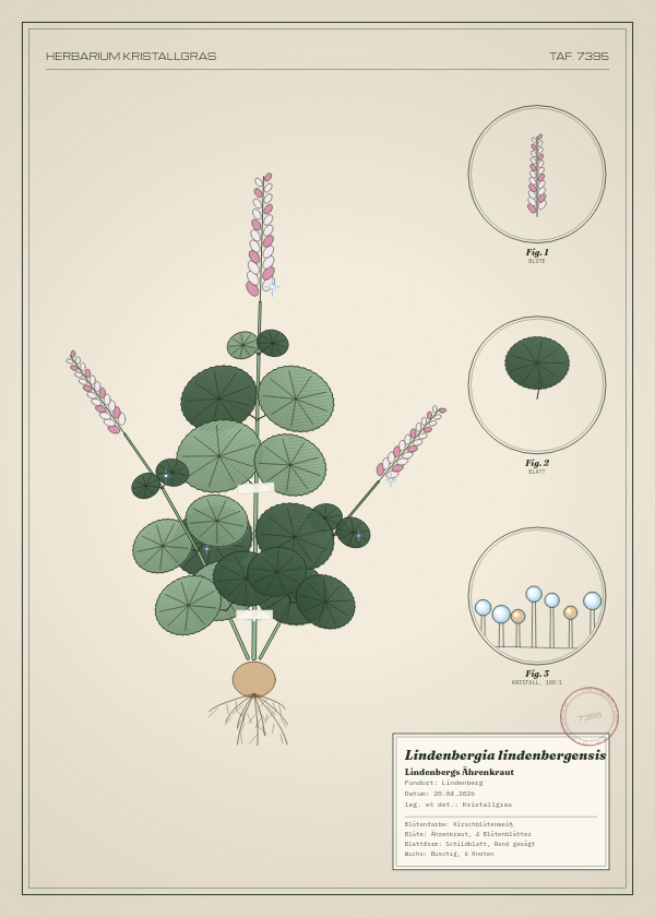Botanische Tafel: Lindenbergia lindenbergensis, eine erfundene Pflanze aus Lindenberg, gezeichnet wie in einem alten Pflanzenatlas