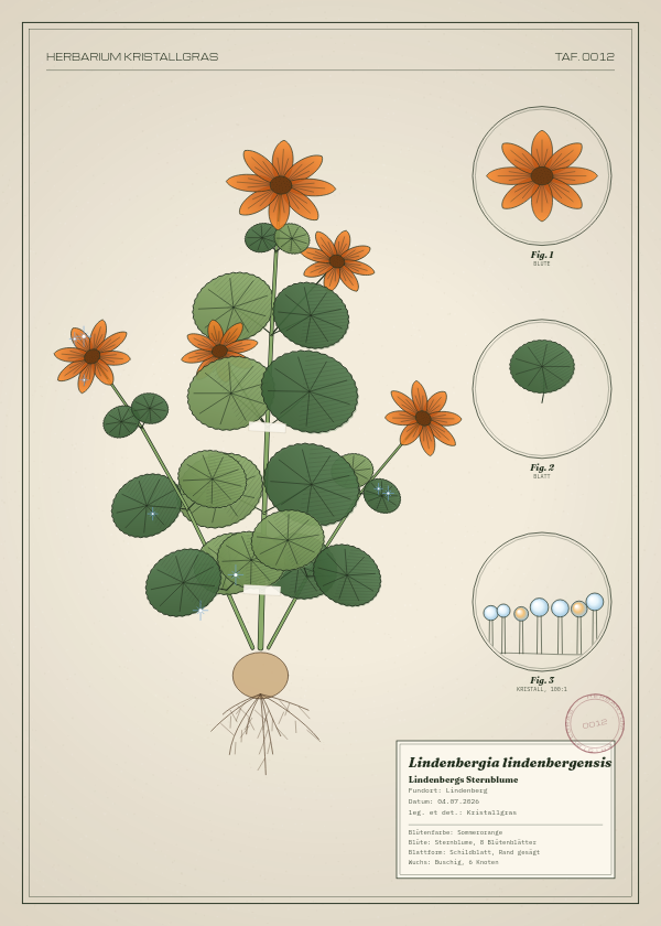 Botanische Tafel: Lindenbergia lindenbergensis, eine erfundene Pflanze aus Lindenberg, gezeichnet wie in einem alten Pflanzenatlas