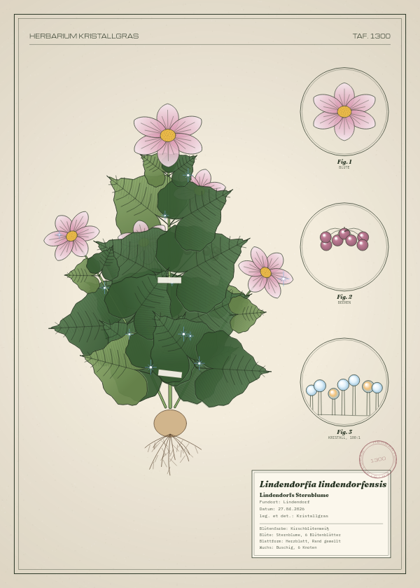 Botanische Tafel: Lindendorfia lindendorfensis, eine erfundene Pflanze aus Lindendorf, gezeichnet wie in einem alten Pflanzenatlas