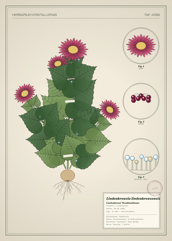 Botanische Tafel: Lindenkreuzia lindenkreuzensis, eine erfundene Pflanze aus Lindenkreuz, gezeichnet wie in einem alten Pflanzenatlas