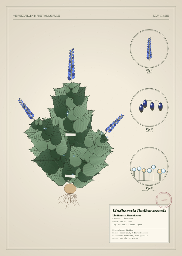 Botanische Tafel: Lindhorstia lindhorstensis, eine erfundene Pflanze aus Lindhorst, gezeichnet wie in einem alten Pflanzenatlas