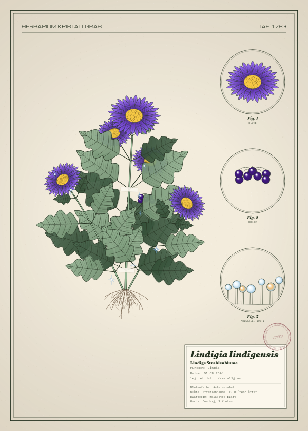 Botanische Tafel: Lindigia lindigensis, eine erfundene Pflanze aus Lindig, gezeichnet wie in einem alten Pflanzenatlas