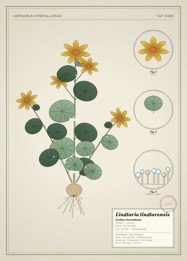 Botanische Tafel: Lindlaria lindlarensis, eine erfundene Pflanze aus Lindlar, gezeichnet wie in einem alten Pflanzenatlas