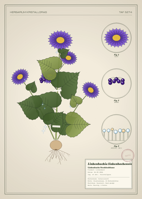 Botanische Tafel: Linkenbachia linkenbachensis, eine erfundene Pflanze aus Linkenbach, gezeichnet wie in einem alten Pflanzenatlas