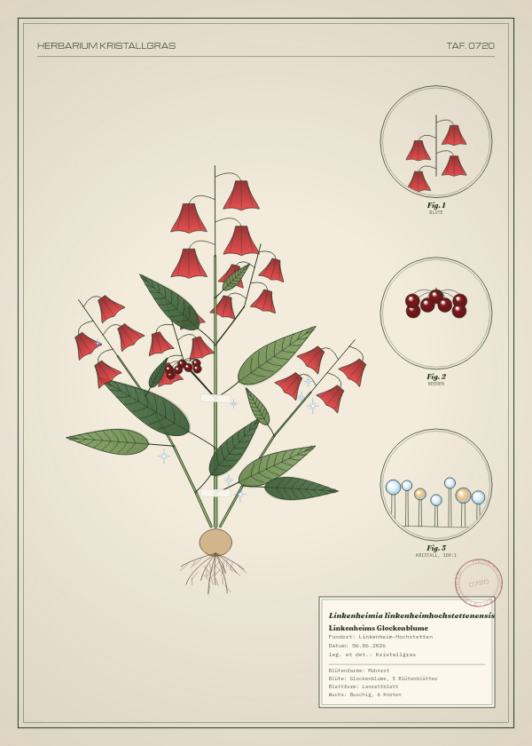 Botanische Tafel: Linkenheimia linkenheimhochstettenensis, eine erfundene Pflanze aus Linkenheim-Hochstetten, gezeichnet wie in einem alten Pflanzenatlas