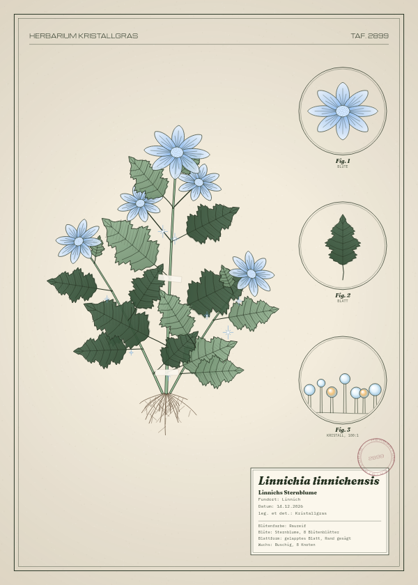 Botanische Tafel: Linnichia linnichensis, eine erfundene Pflanze aus Linnich, gezeichnet wie in einem alten Pflanzenatlas