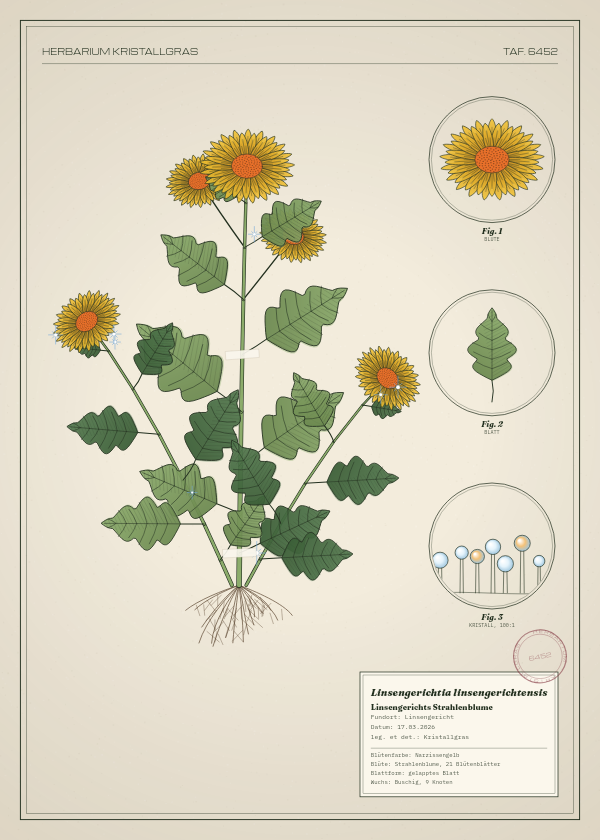 Botanische Tafel: Linsengerichtia linsengerichtensis, eine erfundene Pflanze aus Linsengericht, gezeichnet wie in einem alten Pflanzenatlas