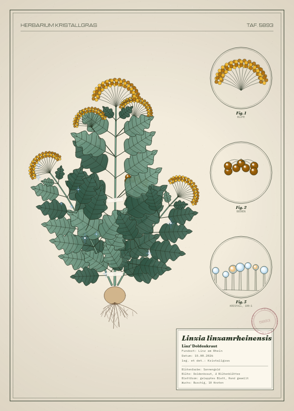 Botanische Tafel: Linzia linzamrheinensis, eine erfundene Pflanze aus Linz am Rhein, gezeichnet wie in einem alten Pflanzenatlas
