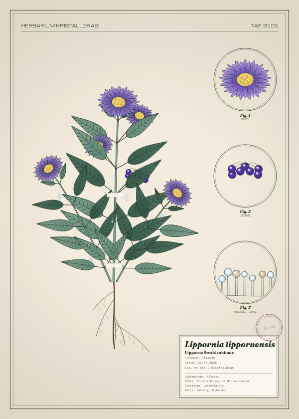 Botanische Tafel: Lippornia lippornensis, eine erfundene Pflanze aus Lipporn, gezeichnet wie in einem alten Pflanzenatlas