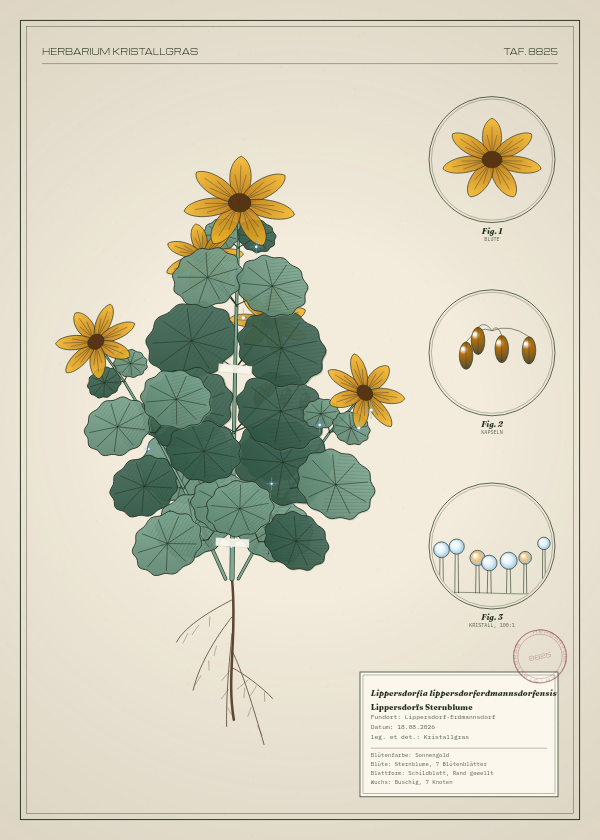 Botanische Tafel: Lippersdorfia lippersdorferdmannsdorfensis, eine erfundene Pflanze aus Lippersdorf-Erdmannsdorf, gezeichnet wie in einem alten Pflanzenatlas