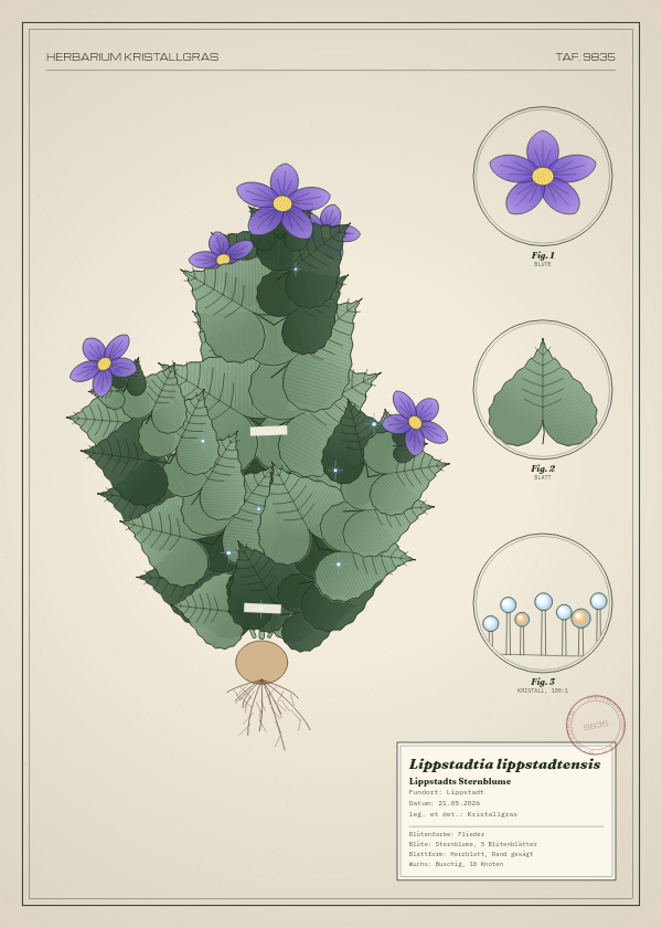 Botanische Tafel: Lippstadtia lippstadtensis, eine erfundene Pflanze aus Lippstadt, gezeichnet wie in einem alten Pflanzenatlas
