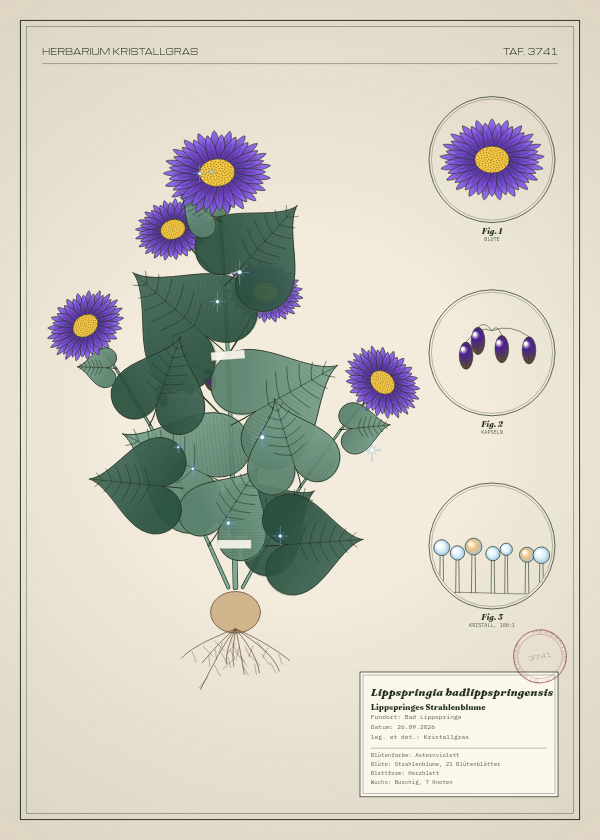Botanische Tafel: Lippspringia badlippspringensis, eine erfundene Pflanze aus Bad Lippspringe, gezeichnet wie in einem alten Pflanzenatlas