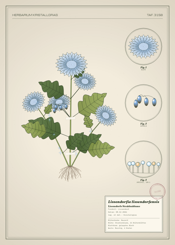 Botanische Tafel: Lissendorfia lissendorfensis, eine erfundene Pflanze aus Lissendorf, gezeichnet wie in einem alten Pflanzenatlas