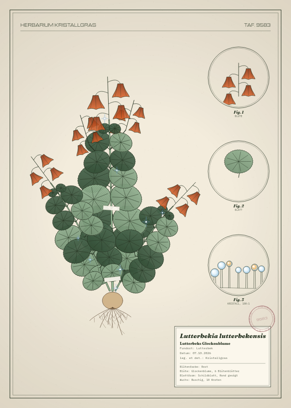 Botanische Tafel: Lutterbekia lutterbekensis, eine erfundene Pflanze aus Lutterbek, gezeichnet wie in einem alten Pflanzenatlas