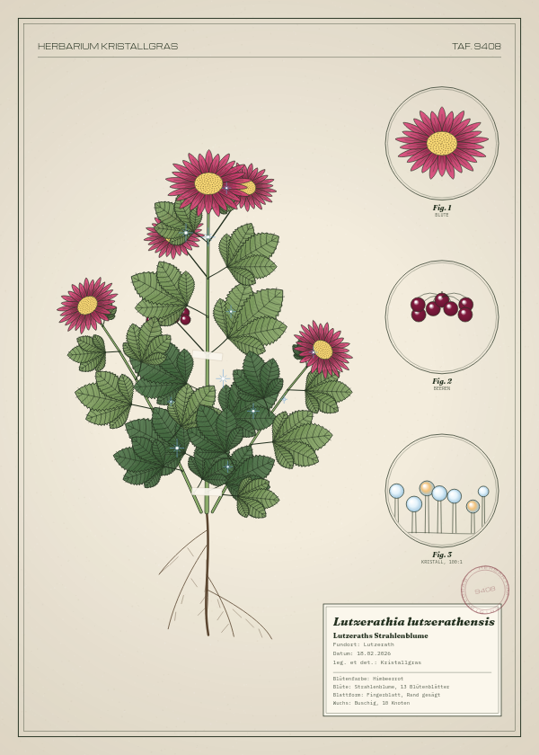 Botanische Tafel: Lutzerathia lutzerathensis, eine erfundene Pflanze aus Lutzerath, gezeichnet wie in einem alten Pflanzenatlas